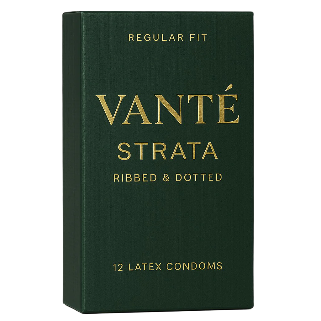 Dark green packaging of Vanté Strata condoms with gold text on a white background